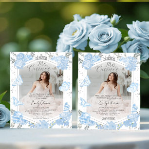 Mis Quince Photo Invitation Bilingue Dusty Blue