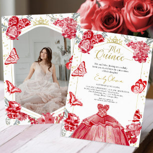 Mis Quince Photo Invitation Rouge Floral Gold Foil