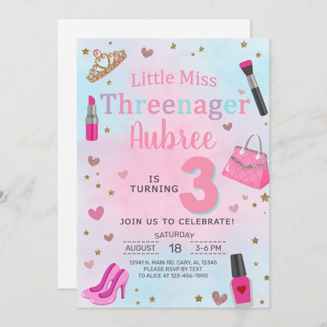 Miss Threenager fille 3ème anniversaire invitation (Devant / Derrière)