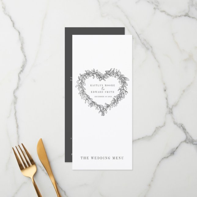 Mistletoe coeur gris foncé blanc mariage menus (Devant/Arrière en situation)