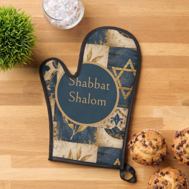 Mitaines de four Shabbat Shalom, bleu marine or Ju (De haut en bas)