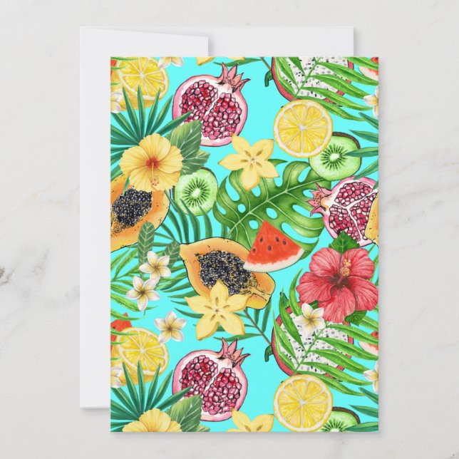Mix-fruit tropical, fleurs et feuilles en bleu (Devant)