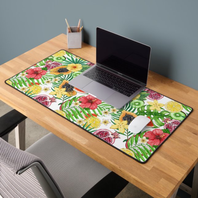 Mix-fruit tropical, fleurs et feuilles sur blanc (Bureau 2)