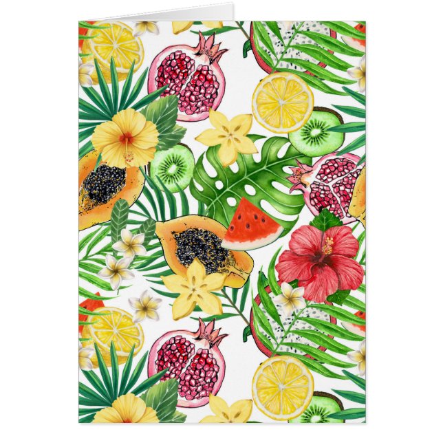Mix-fruit tropical, fleurs et feuilles sur blanc (Devant)
