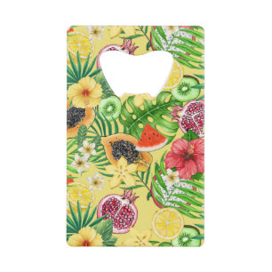Mix-fruit tropical, fleurs et feuilles sur jaune