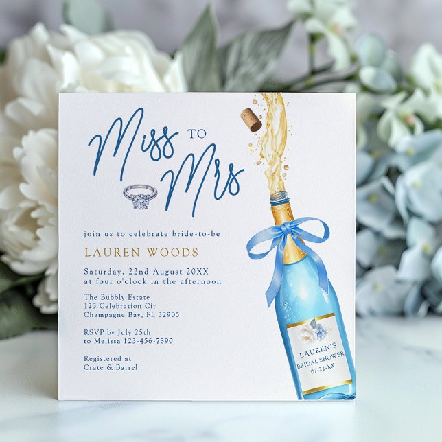 Mlle à Mme Blue Champagne Invitation Fête des mari (Miss to Mrs - Bridal Shower Invite)