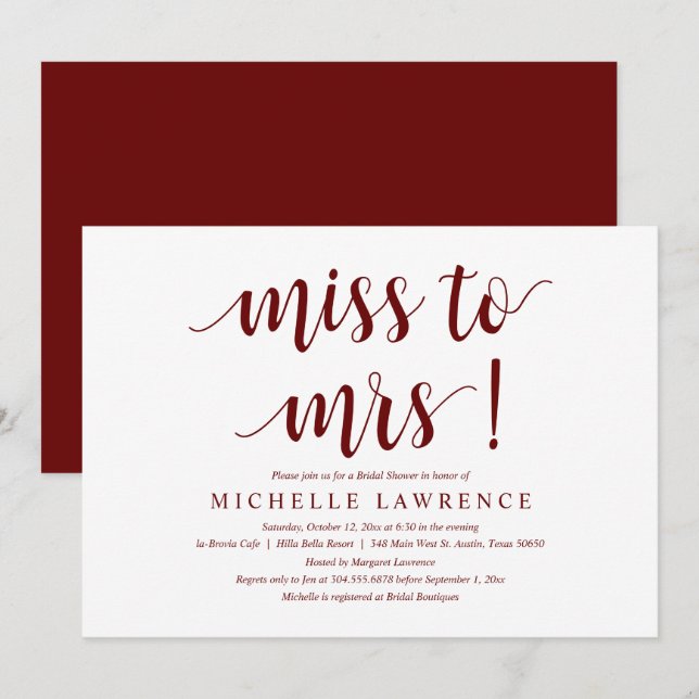 Mlle à Mme, Invitation de douche nuptiale moderne (Devant / Derrière)