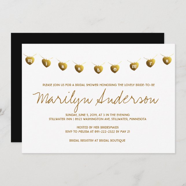 Mlle À Mme Modern Gold Fête des mariées Invitation (Devant / Derrière)