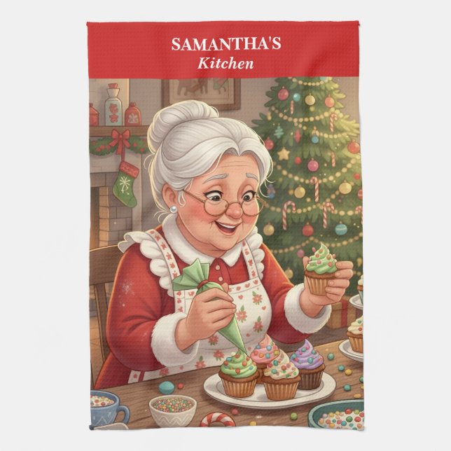 Mme Claus Holiday Cupcake Serviette de cuisine (Vertical)