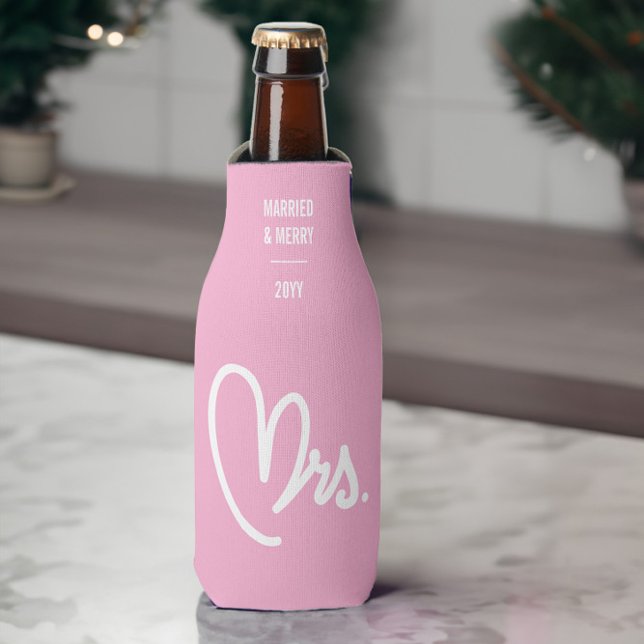 Mme Newlysée Custom Text Pink Bottle Glacière (Mrs - married & merry bottle cooler from Newlywed Christmas Gift Ideas collection by Darling & May)