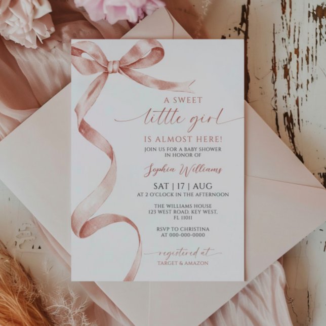 Mocha Bow Sweet Little Girl Baby shower Invitation (Créateur téléchargé)