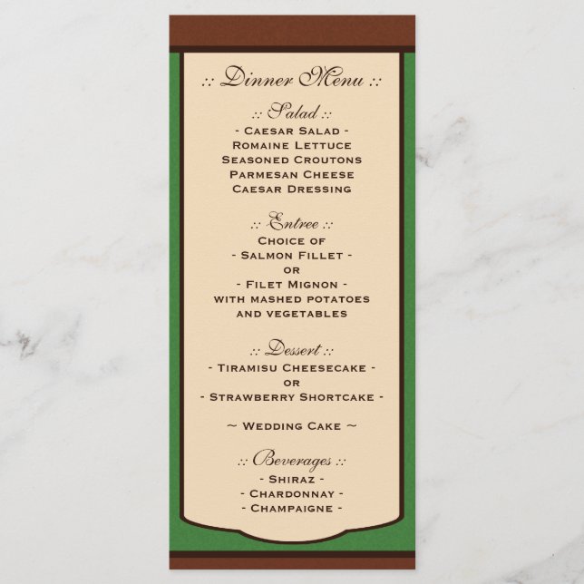 Mocha doux et Menus de réception de mariage vert (Devant)