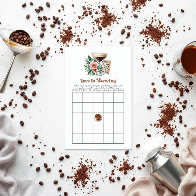 Mocha Mousse "L'amour brasse" Fête des mariées Bin (Mocha Mousse "Love is Brewing" Bridal Shower Bingo)