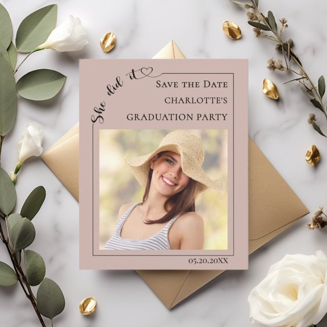 Mocha Photo Graduation Party Save the Date Card (Créateur téléchargé)
