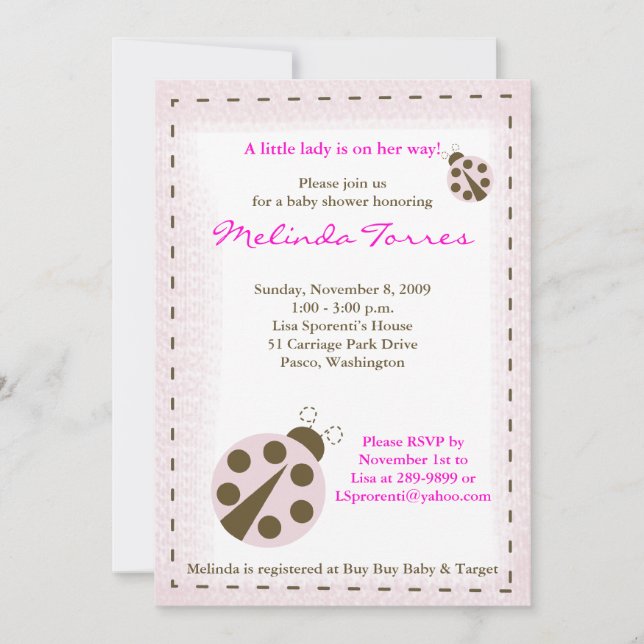 Mod Ladybug 5x7 Baby shower rose Invitation (Devant)