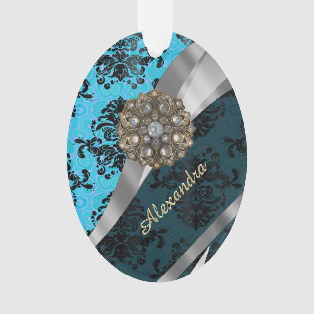 Modèle bleu personnalisé joli girly damask (devant)