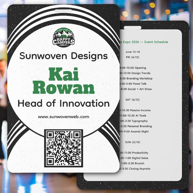 Modèle de Badge de Vendeur pour Convention d'Affai (Professional conference badge with bold name, QR code, and sleek modern business networking design)