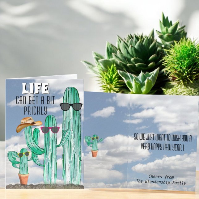 Modèle de cactus saguaro sud-ouest de bonne année (fun cactus greeting card cover and inside template )