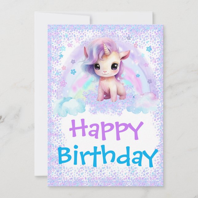 Modèle de carte d'anniversaire licorne arc-en-ciel (Devant)