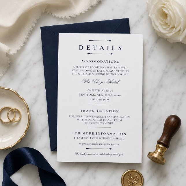 Modèle de carte de détails de mariage de luxe mini (Elegant navy wedding details card with timeless luxury styling.)