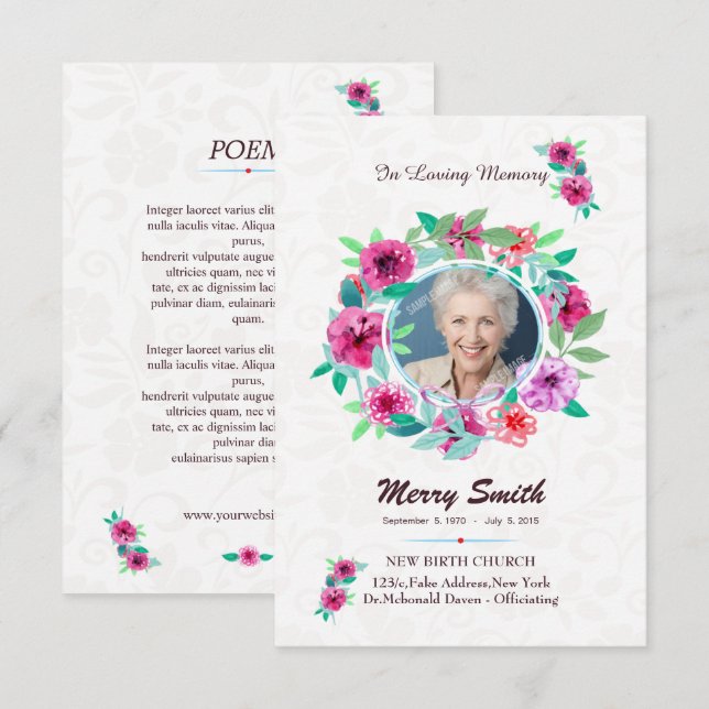Modèle de carte de prière funéraire florale (Devant / Derrière)