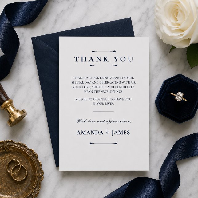 Modèle de carte de remerciement de mariage minimal (Elegant navy thank you card styled with marble, linen, and a matching envelope.)