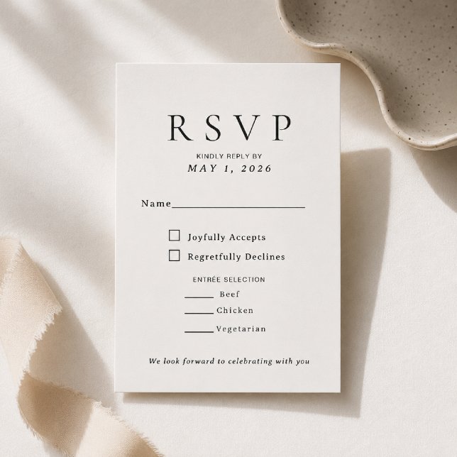 Modèle de carte de réponse de mariage à la police  (Elegant Script + Serif RSVP Card with timeless typography for sophisticated wedding celebrations.)