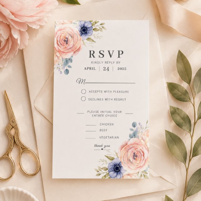 Modèle de carte de réponse de mariage aux pivoines (Elegant floral RSVP card for a timeless wedding stationery suite.)