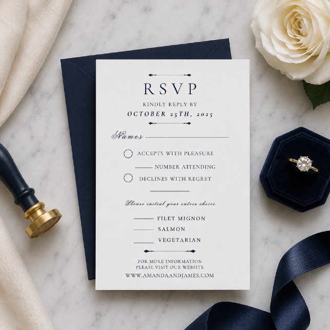Modèle de carte de réponse de mariage de luxe mini (Elegant navy RSVP card with timeless luxury wedding styling.)
