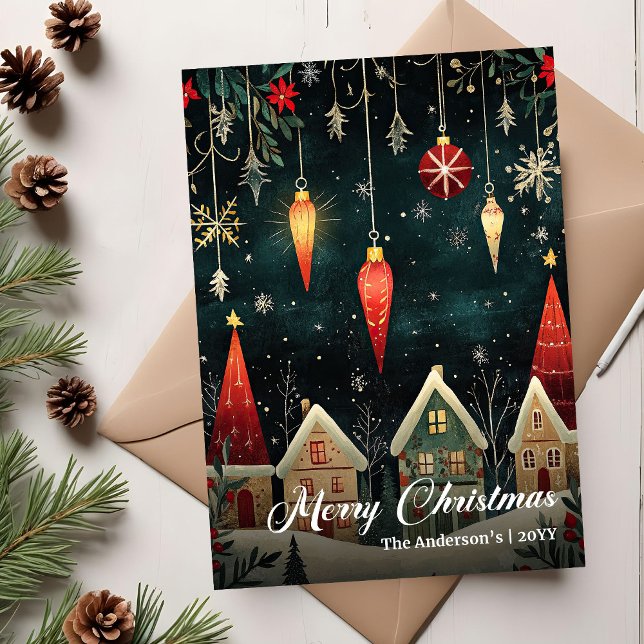 Modèle de carte de scène de Noël nostalgique et fa (Whimsical nostalgic Christmas scene card template)
