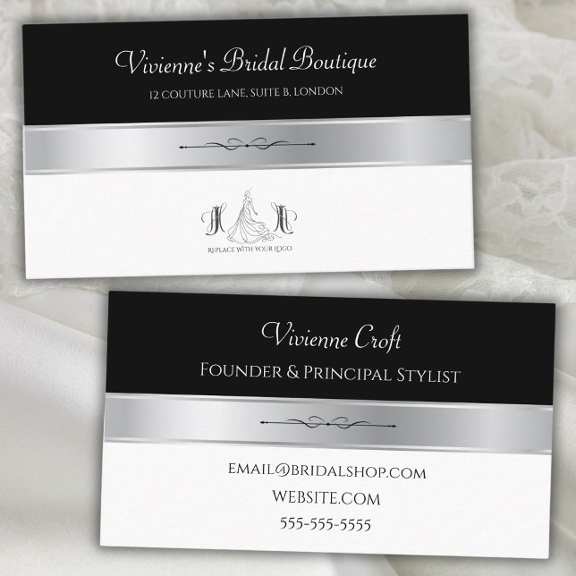 Modèle de carte de visite de boutique de mariage d (Elegant black and silver double-sided business card for luxury bridal boutique owners and stylists.)