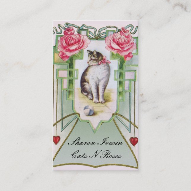 Modèle de carte de visite de chats et de roses (Devant)
