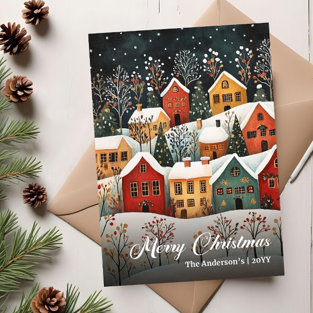 Modèle de carte de vœux de Noël rétro (Retro Christmas Scene Holiday Greeting Template)