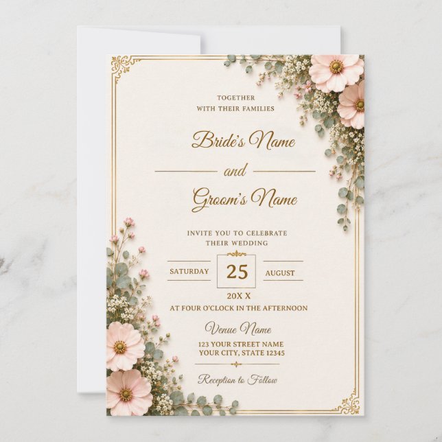 Modèle de carte d'invitation de mariage floral élé (Devant)