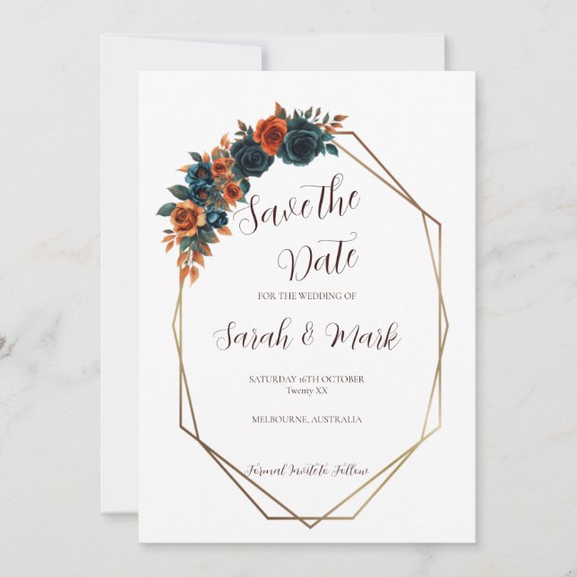 Modèle de carte "Save the Date" Orange Brûlé et Sa (Devant)