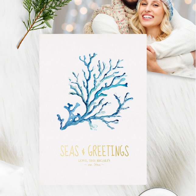 Modèle de cartes de Noël côtières avec photo perso (Beach-themed Christmas cards feature blue watercolor sea coral art by Victoria Grigaliunas )