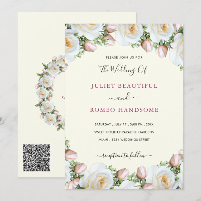 Modèle de Cartes d'Invitation de Mariage aux Roses (Devant / Derrière)