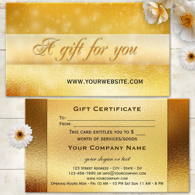 Modèle de certificat cadeau avec effet Bokeh et do (Gift certificate business card featuring festive gold and bokeh sparkles)