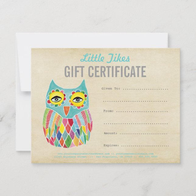 Modèle de certificat cadeau d'entreprise Owl Fashi (Devant)