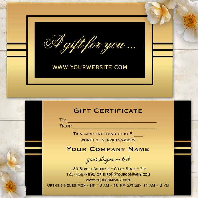 Modèle de certificat cadeau élégant or noir (Elegant business card sized gift card voucher in gold and black with stripes)
