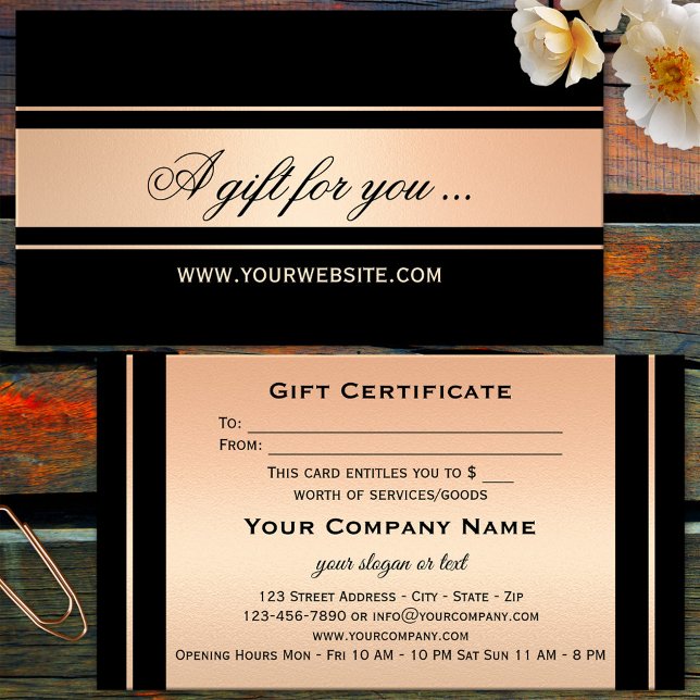Modèle de certificat cadeau élégant or rose noir (Elegant business card sized gift card voucher in rose gold and black)