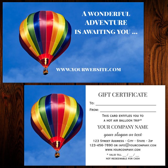Modèle de certificat cadeau pour vol en montgolfiè (A gift certificate or regular business card featuring a hot air balloon.)