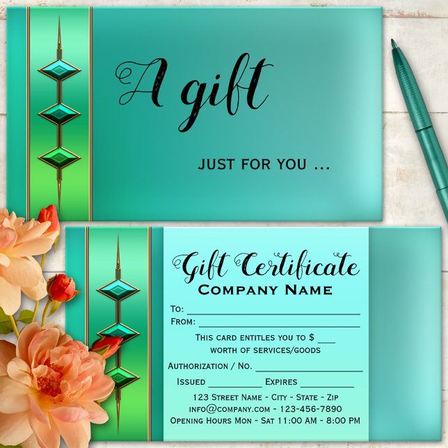 Modèle de certificat cadeau vert sarcelle festif (Gift certificate business card featuring an artistic design in teal green with turquoise)