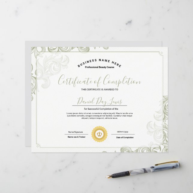 Modèle de certificat d'achèvement  (Devant/Arrière en situation)