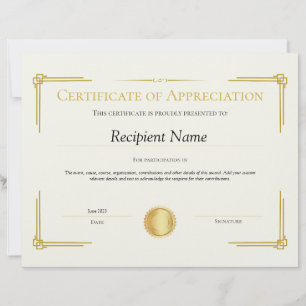 Modèle de certificat d'appréciation d'or