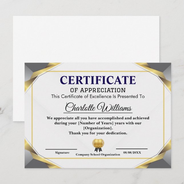 Modèle de certificat d'appréciation élégant (Devant / Derrière)