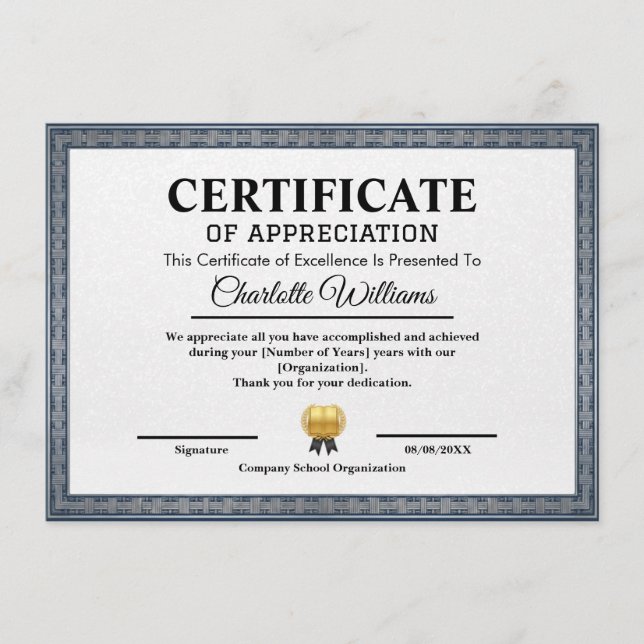 Modèle de Certificat Professionnel de Remerciement (Devant)