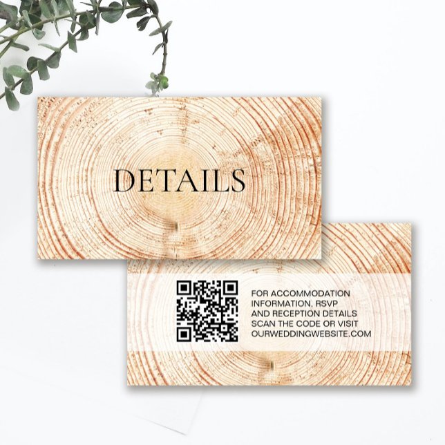 Modèle de code QR avec détails de grain de bois po (Details enclosure card, rustic wood cut slice design with QR code wedding website.)
