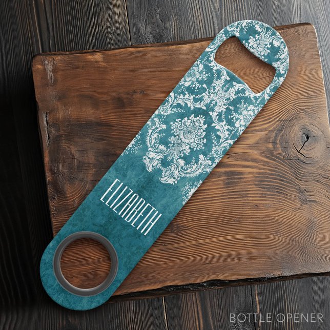 Modèle de Damas gris turquoise Texte personnalisé (Custom Bar Key)
