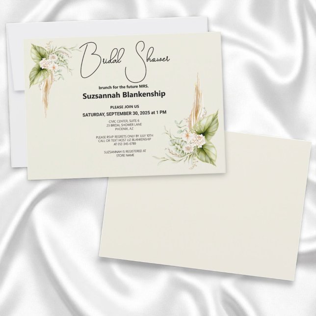Modèle de faire-part de fête prénuptiale en forme  (floral corner border invitation template front and solid color back)
